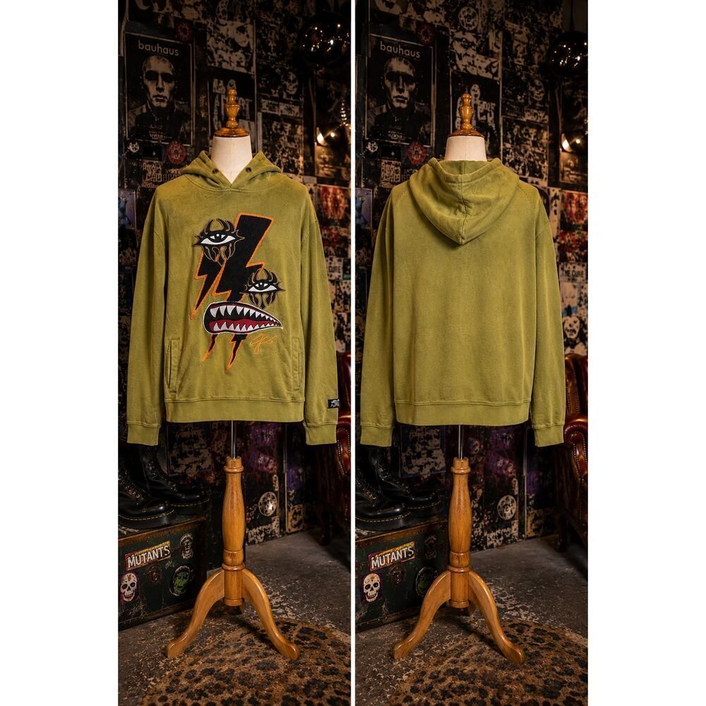 Offbeat Lower Lightning Jester Hoodie Olive Green Orange Black Y2K Streetwear L
